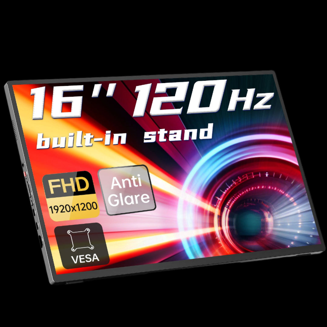 16‘’ 120Hz Portable Monitor with Anti-glare Tempered Glass Cover Built-in Stand - Intehill F16ZB/F16ZT