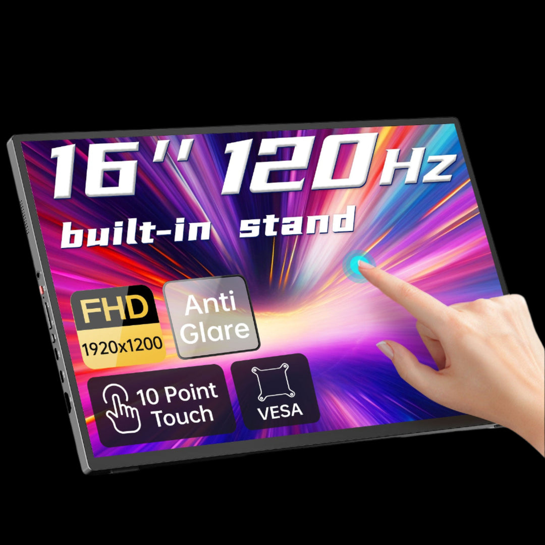 16-inch display with text highlighting features like 120Hz refresh rate, built-in stand, FHD resolution, anti-glare, 10-point touch, and VESA compatibility.