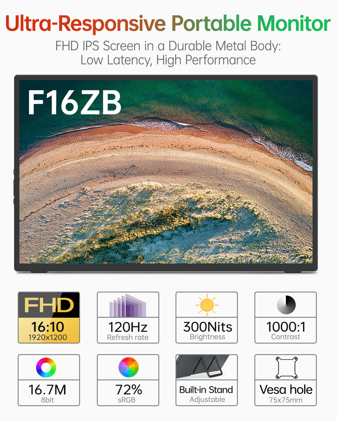 16‘’ 120Hz Portable Monitor with Anti-glare Tempered Glass Cover Built-in Stand - Intehill F16ZB/F16ZT