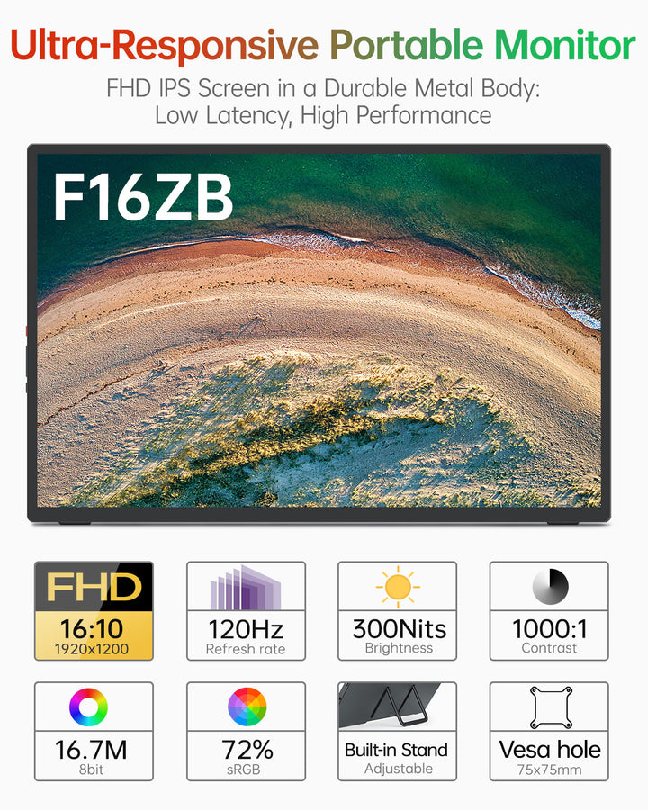 16‘’ 120Hz Portable Monitor with Anti-glare Tempered Glass Cover Built-in Stand - Intehill F16ZB/F16ZT