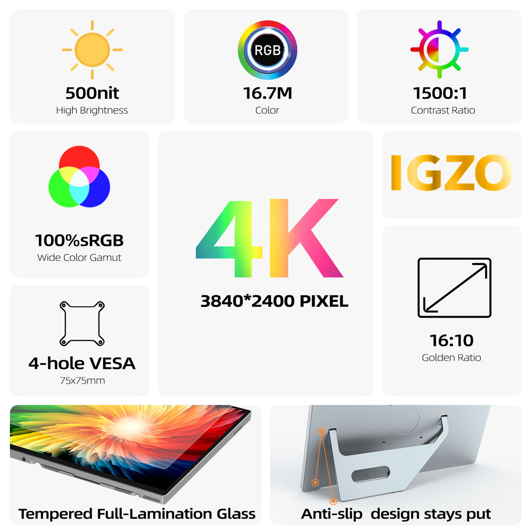 13.4" 4K Portable Monitor, IGZO 3840x2400, 16:10, Built-in Kickstand – U13ZC