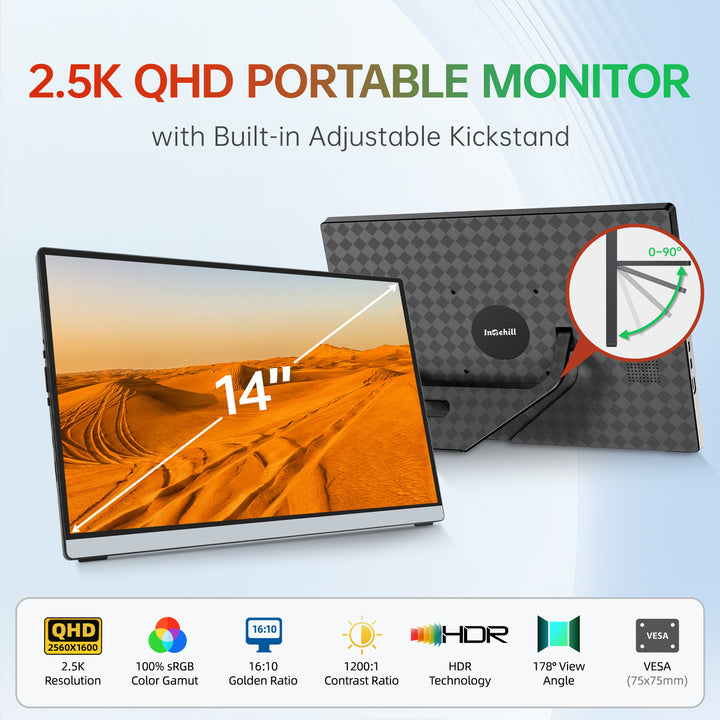 14" Portable Monitor 2.5K, 2560x1600 Portable Screen for Laptop, 16:10 Travel Monitor with Tempered Glass, 100% sRGB HDMI Portable Display, Mobile External Display with Stand & Speaker, Q14ZA