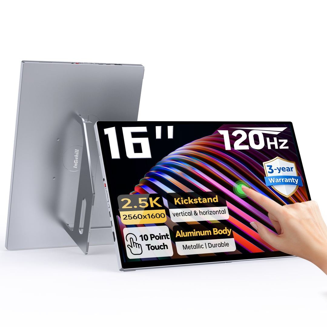Intehill 16" 120Hz Touchscreen Portable Monitor – 16:10 Aspect Ratio, 100% sRGB & HDR, Built-in Stand, VESA Mount, Dual USB-C & HDMI, Perfect for Work, Gaming & Travel