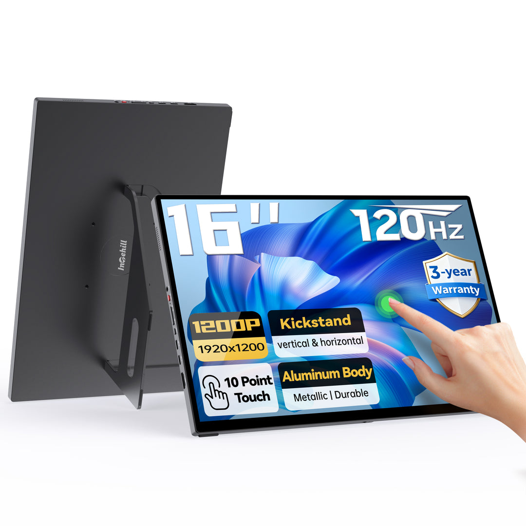 Intehill 16" 120Hz Touchscreen Portable Monitor – 16:10 Aspect Ratio, 100% sRGB & HDR, Built-in Stand, VESA Mount, Dual USB-C & HDMI, Perfect for Work, Gaming & Travel
