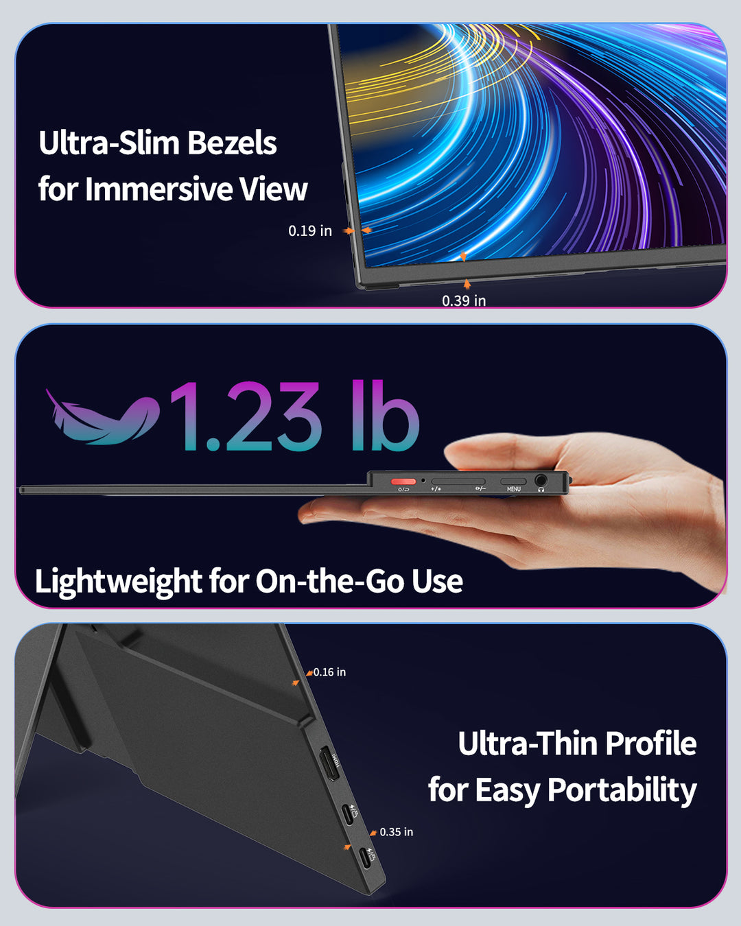 Lightweight slim-bezel Q14ZB portable monitor profile and dimensions