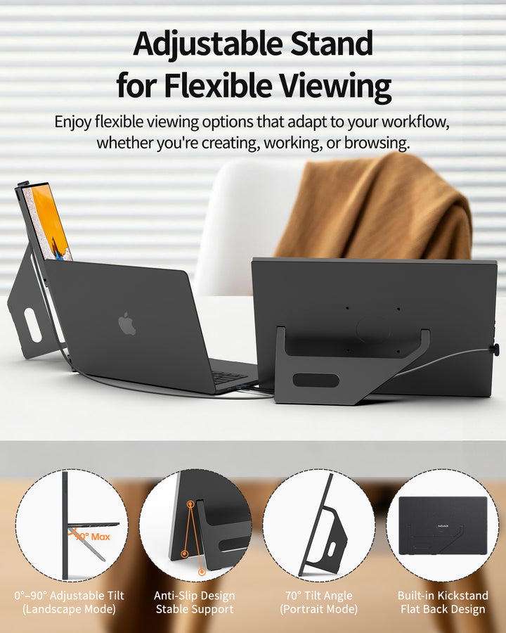 K16ZB portable monitor adjustable kickstand in landscape and portrait modes