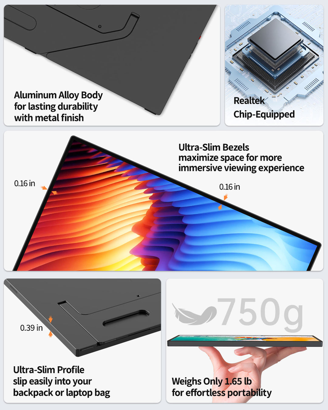 Slim aluminum K16ZB portable monitor with narrow bezels and 750g weight