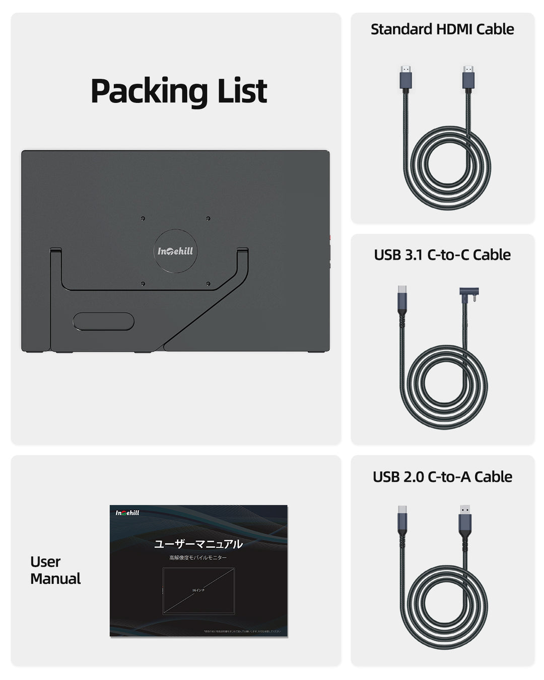 K16ZB portable monitor package contents with HDMI and USB cables