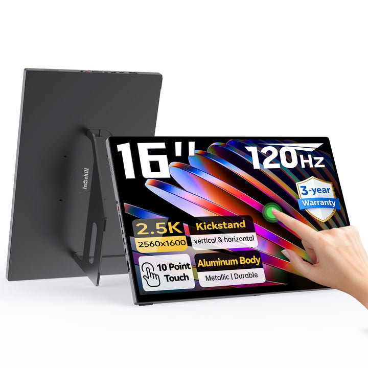 16" 2.5K 120Hz Touchscreen Portable Monitor – 16:10 Aspect Ratio, 100% sRGB, Built-in Stand, VESA Mount
