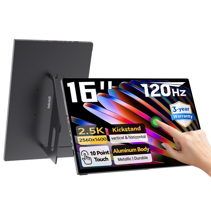 Intehill 16" 120Hz Touchscreen Portable Monitor – 16:10 Aspect Ratio, 100% sRGB & HDR, Built-in Stand, VESA Mount, Dual USB-C & HDMI, Perfect for Work, Gaming & Travel