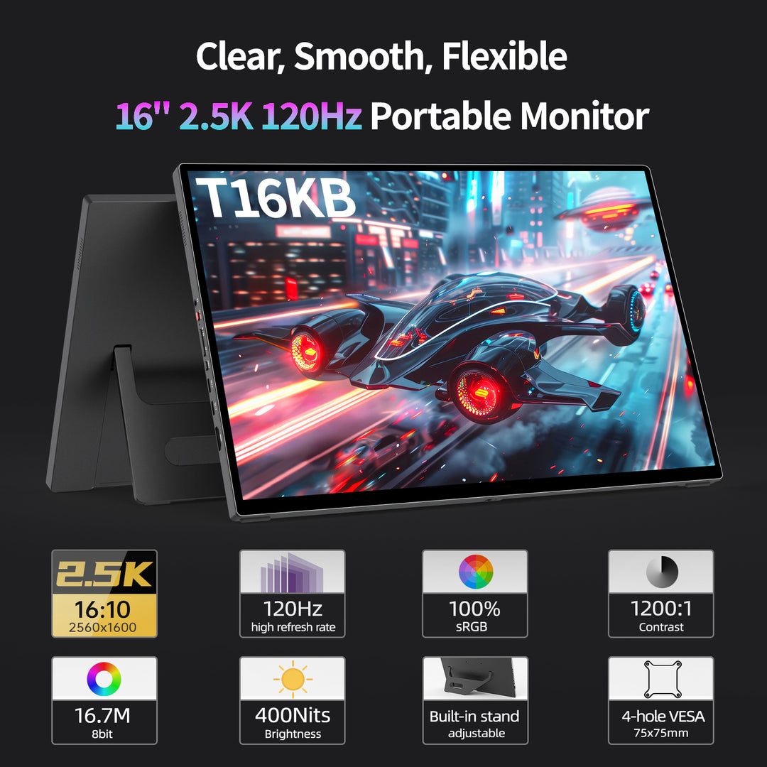 16" 2.5K 120Hz Touchscreen Portable Monitor – 16:10 Aspect Ratio, 100% sRGB, Built-in Stand, VESA Mount