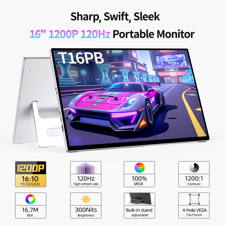 16" 1200P 120Hz Touchscreen Portable Monitor – 16:10 Aspect Ratio, 100% sRGB, Built-in Stand, VESA Mount