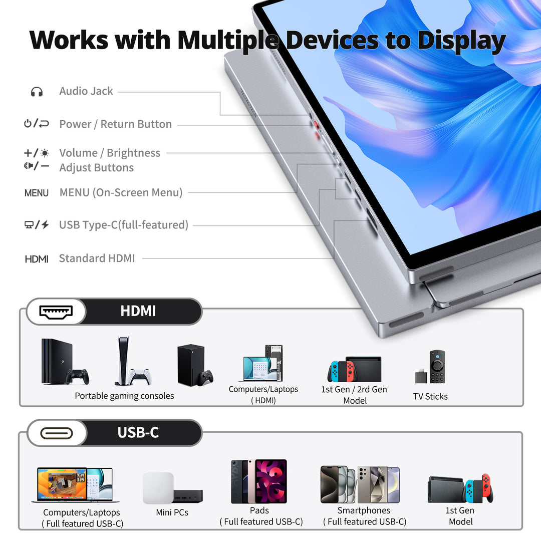 16" 1200P 120Hz Touchscreen Portable Monitor – 16:10 Aspect Ratio, 100% sRGB, Built-in Stand, VESA Mount