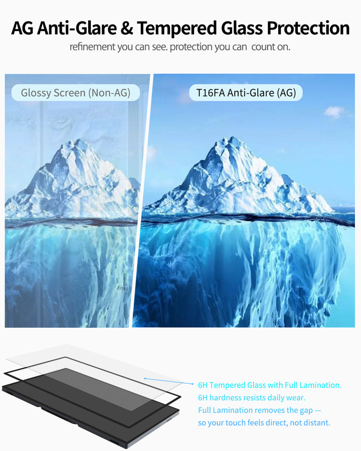 Anti-glare tempered glass comparison on Intehill T16FA portable monitor