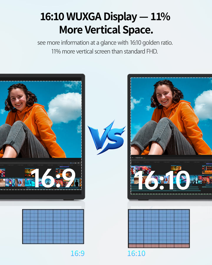 16:10 WUXGA portable monitor compared with a standard 16:9 screen