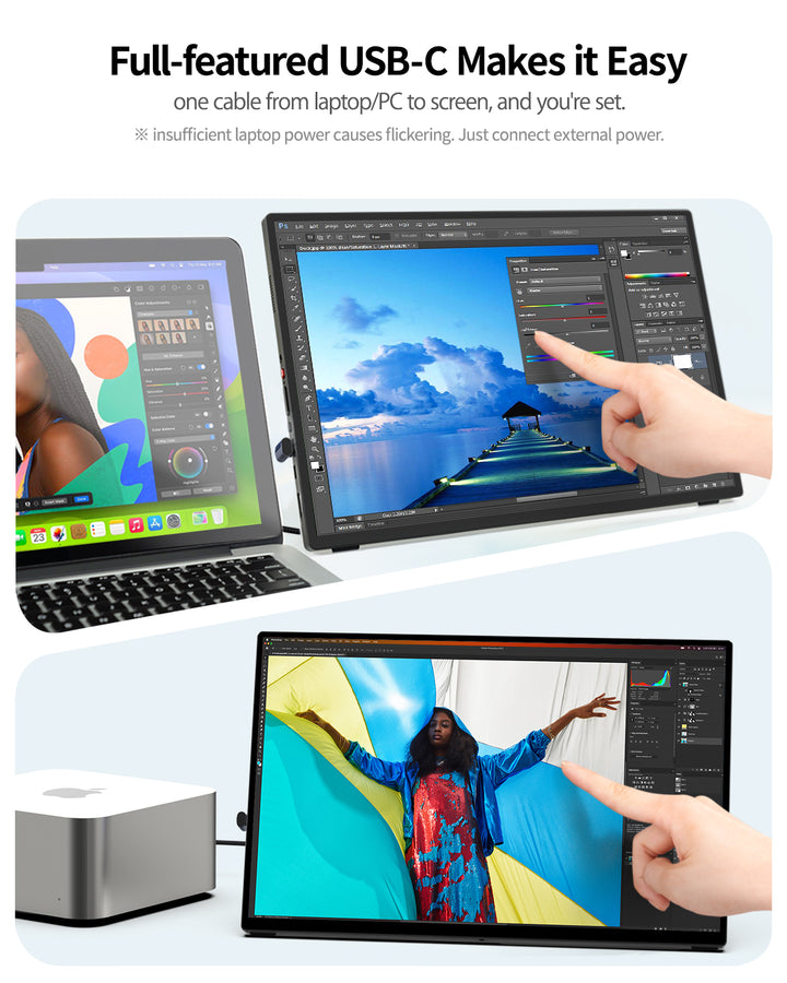 T16FA USB-C touchscreen monitor connected to a laptop and Mac mini