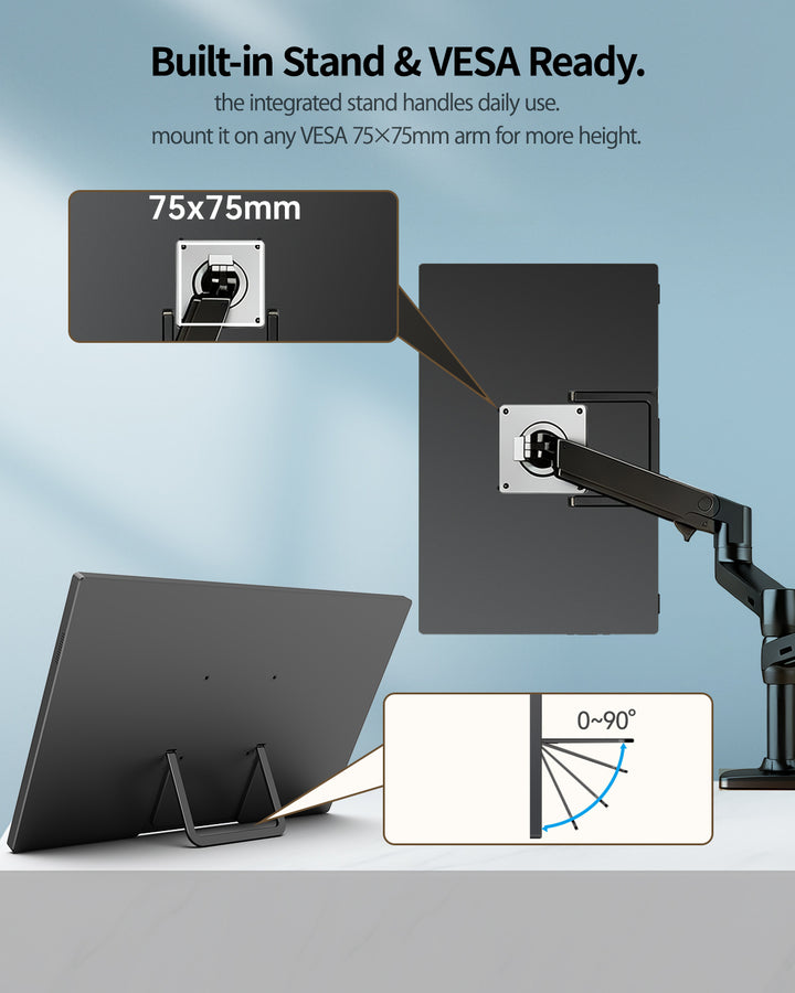 Built-in adjustable stand and 75x75mm VESA mount on T16FA