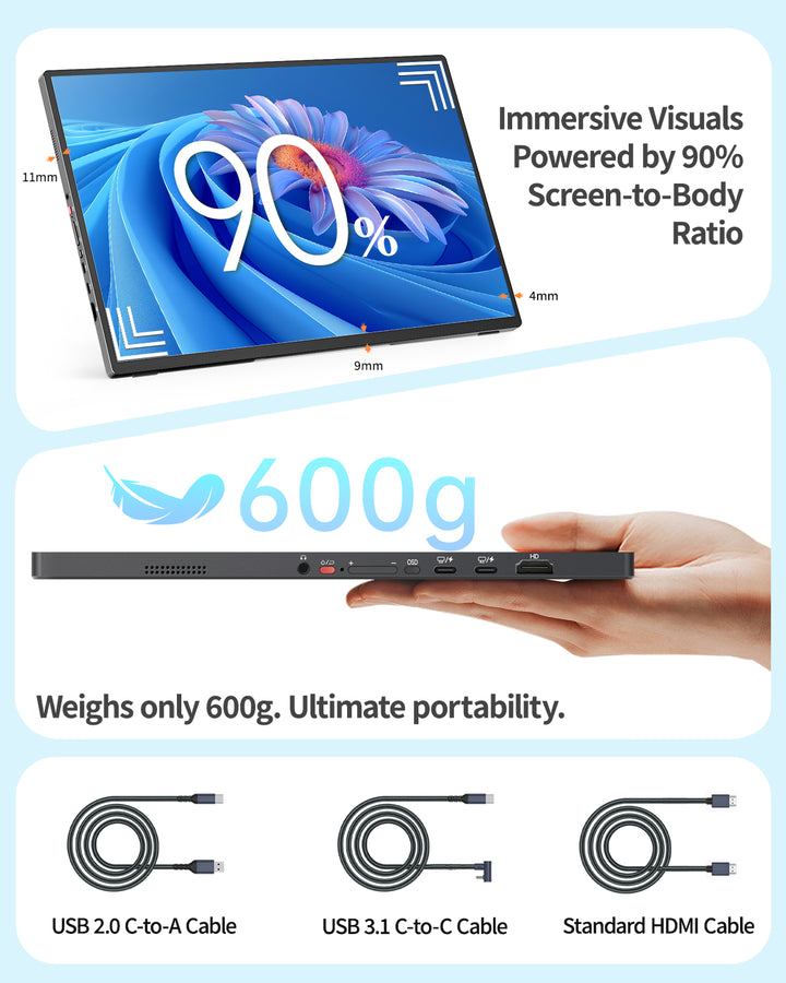 Lightweight 600g T16FA portable monitor with included USB-C and HDMI cables